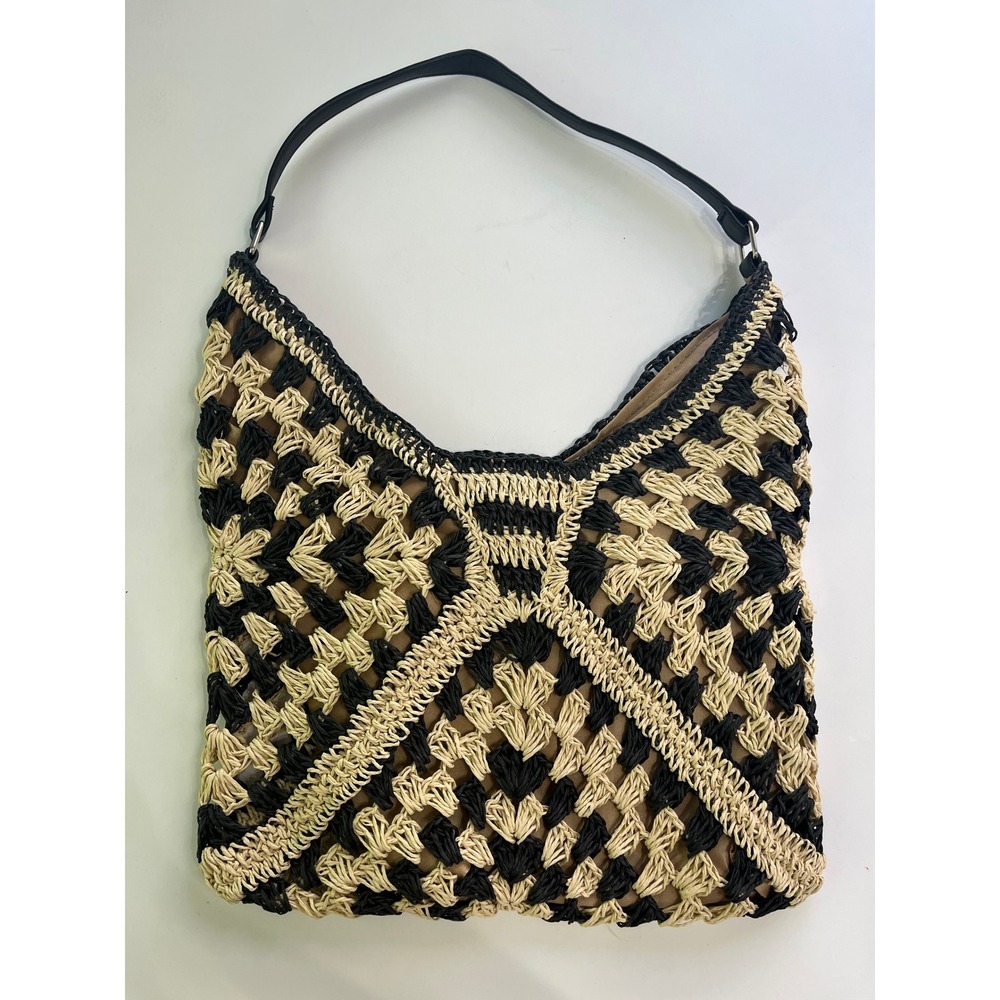 Woven Straw Crochet Hobo Bag Black Beige Geometric Shoulder Bag
